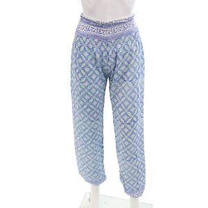 Bell Womens Smocked Waistband Abstract Pants Blue Teal White Cotton Size Small